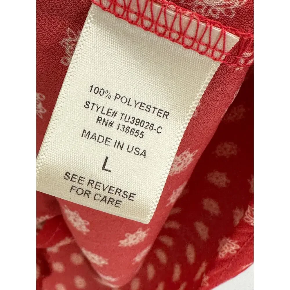 West Kei Top Women LARGE Talina Rust Red Printed V-Neck Tie Front Blouse - Picture 8 of 10